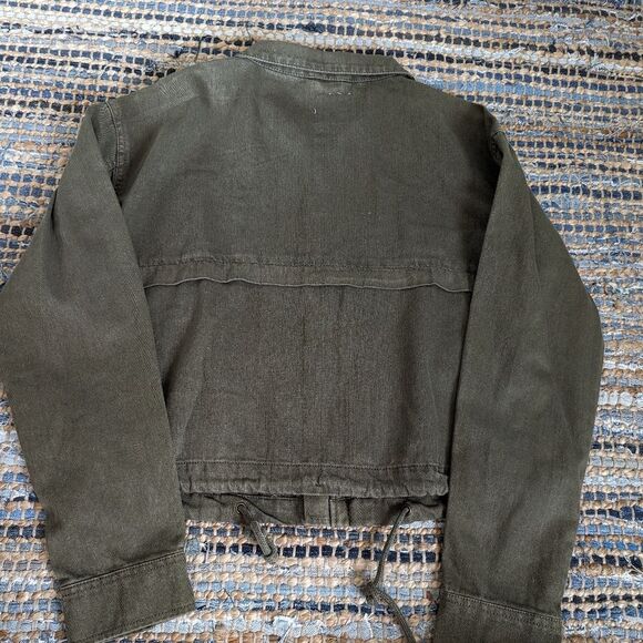 Olive Green 100% Cotton Zip Up Pocket Cropped Jacket S Lightweight Retro - Picture 6 of 7